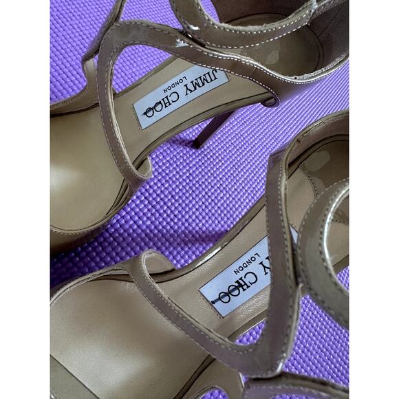 $850 Jimmy Choo Sandals Beige Patent leather Heels Size 37.5 NEW Made in Italy - Picture 12 of 14